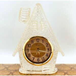 Vintage 60s clock, spun spaghetti clear lucite, working desk clock, home shaped